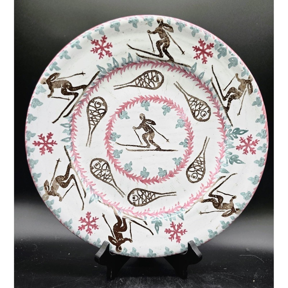 Vintage Vermont Lodge Studio Pottery Terracotta Plate Ski Snowshoe 11" Winter